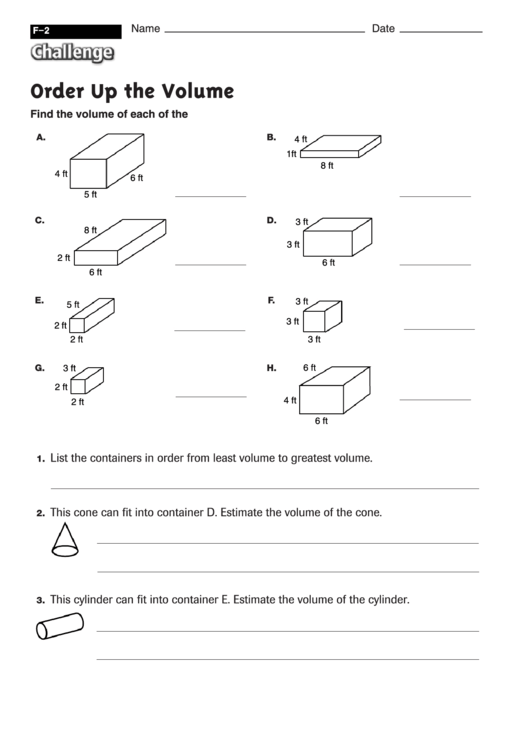 Order Up The Volume - Geometry Worksheet With Answers Printable pdf
