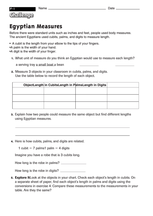 Egyptian Measures - Measurement Worksheet With Answers Printable pdf