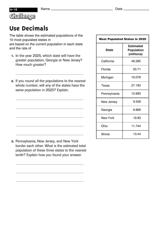 Use Decimals - Math Worksheet With Answers Printable pdf