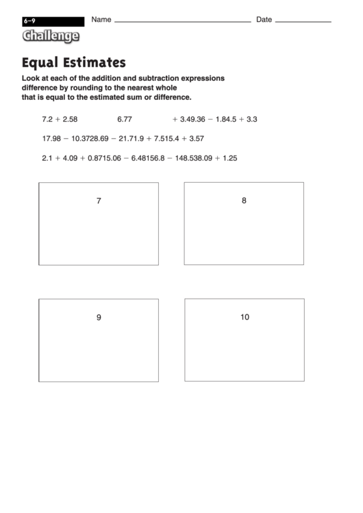 Equal Estimates - Math Worksheet With Answers Printable pdf