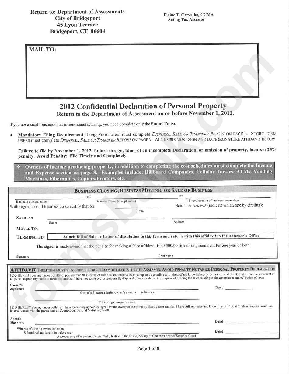 Confidential Declaration Of Personal Property - City Of Bridgeport - 2012
