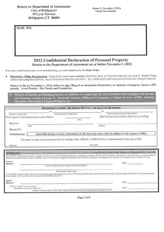 Confidential Declaration Of Personal Property - City Of Bridgeport - 2012 Printable pdf