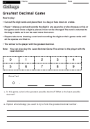 Greatest Decimal Game - Math Game Worksheet
