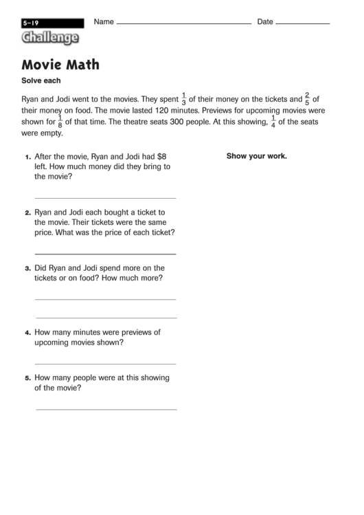 Movie Math - Math Worksheet With Answers Printable pdf