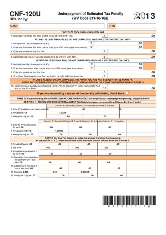 Form Cnf-120u - Underpayment Of Estimated Tax Penalty - 2013 Printable pdf