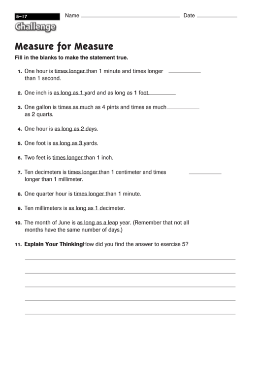 Measure For Measure - Measurement Worksheet With Answers Printable pdf