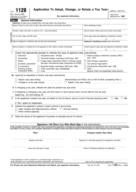 Fillable Form 1128 - Application To Adopt, Change, Or Retain A Tax Year Printable pdf