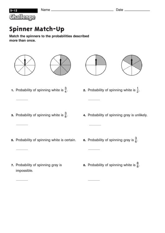 Spinner Match-Up - Fractions Worksheet With Answers Printable pdf