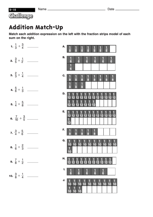 Addition Match-Up - Fraction Worksheet With Answers Printable pdf