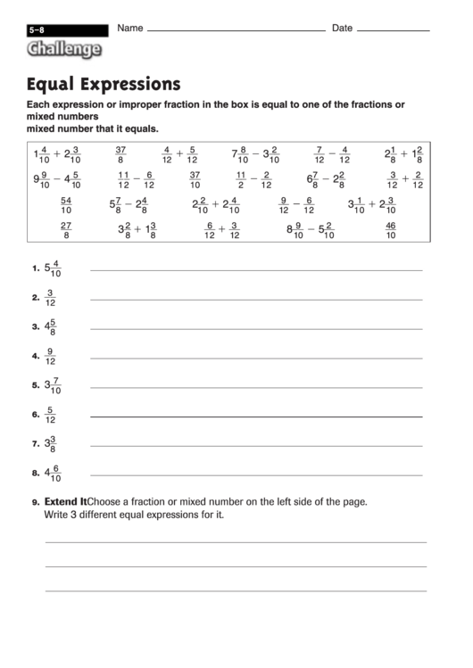 Equal Expressions - Fractions Worksheet With Answers Printable pdf