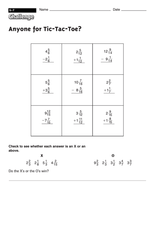 Anyone For Tic-Tac-Toe - Fractions Worksheet With Answers Printable pdf