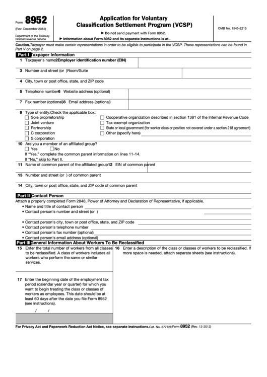 Form 8952 - Application For Voluntary Classification Settlement Program (vcsp)