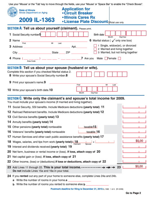 Fillable Form Il-1363 - Application For ,circuit Breaker ,illinois Cares Rx ,license Plate Discount - 2009 Printable pdf