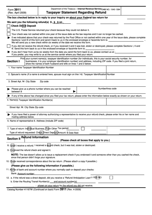Fillable Form 3911 - Taxpayer Statement Regarding Refund Printable pdf