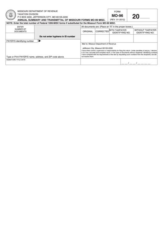 Fillable Form Mo-96 - Annual Summary And Transmittal Of Missouri Forms Mo-99 Misc Printable pdf