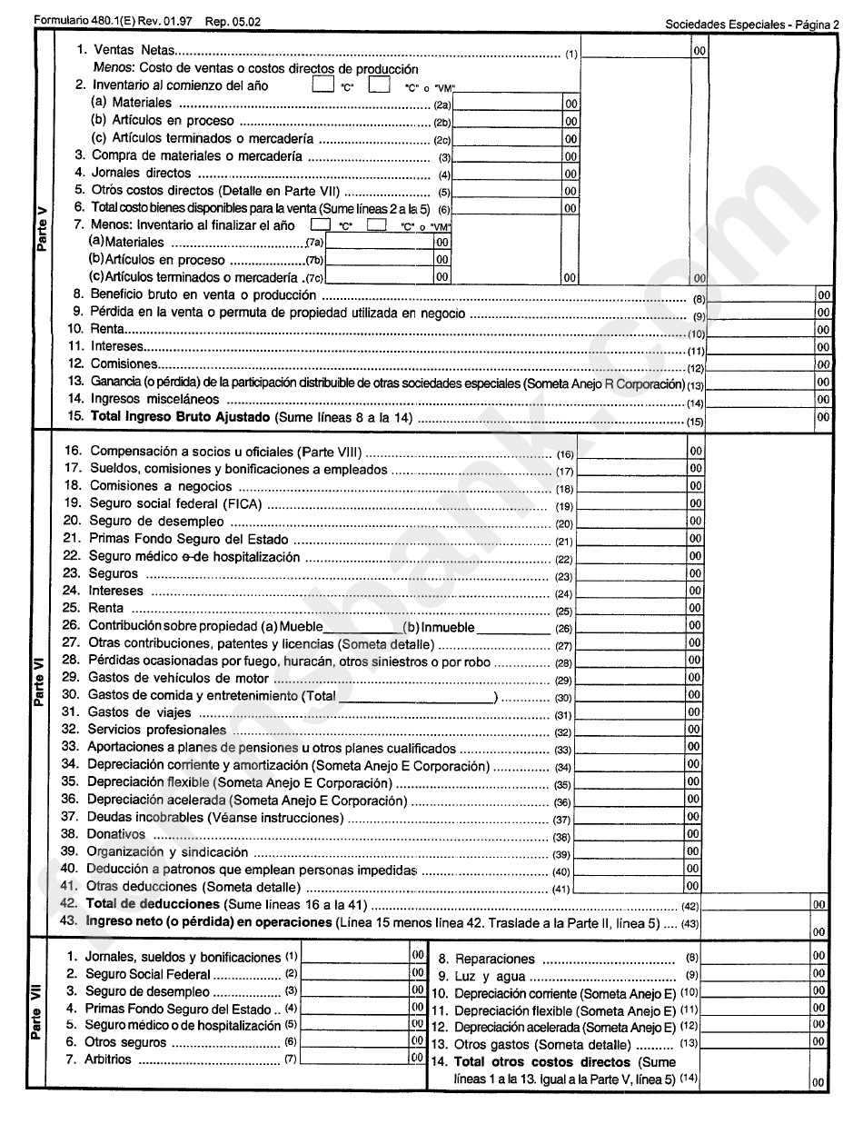 Formulario 480.1(E) - Planilla Informativa Sobre Ingresos De Sociedades Especiales - Estado Libre Asociado De Puerto Rico Departamento De Hacienda