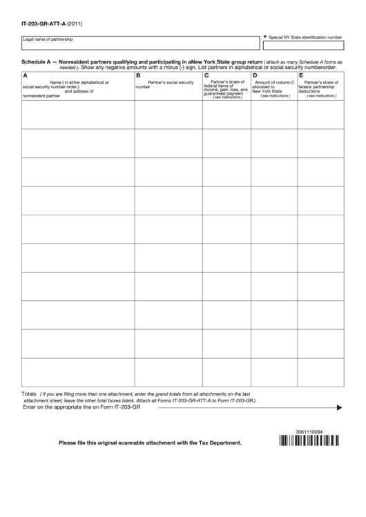 Fillable Form It-203-Gr-Att-A - Schedule A-Nonresident Partners Qualifying And Participating In A New York State Group Return - 2011 Printable pdf
