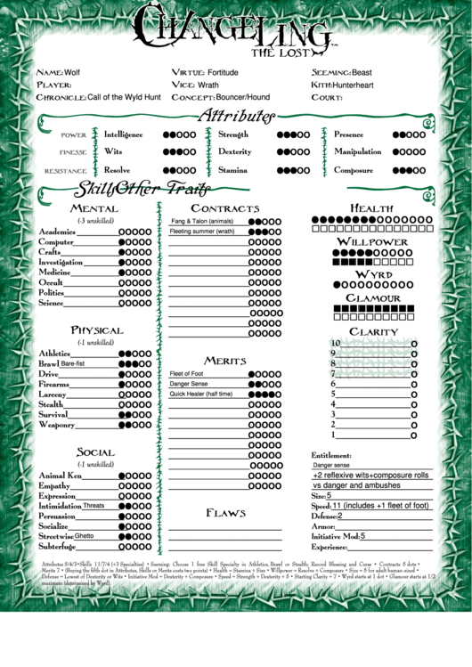 Changeling The Lost Character Sheet