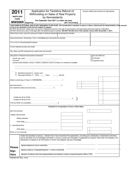 Fillable Form Mw506r - Application For Tentative Refund Of Withholding On Sales Of Real Property By Nonresidents - 2011 Printable pdf