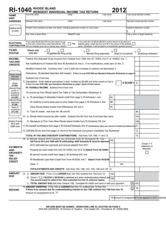 Fillable Form Ri-1040 - Rhode Island Resident Individual Income Tax Return - 2012 Printable pdf