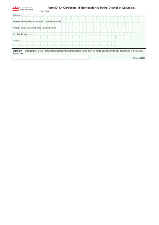 Fillable Form D-4a - Certificate Of Nonresidence In The District Of Columbia Printable pdf