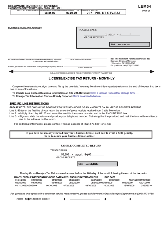 Fillable Form Lm1 9001 - Lecense/excise Tax Return - Delaware Division Of Revenue Printable pdf