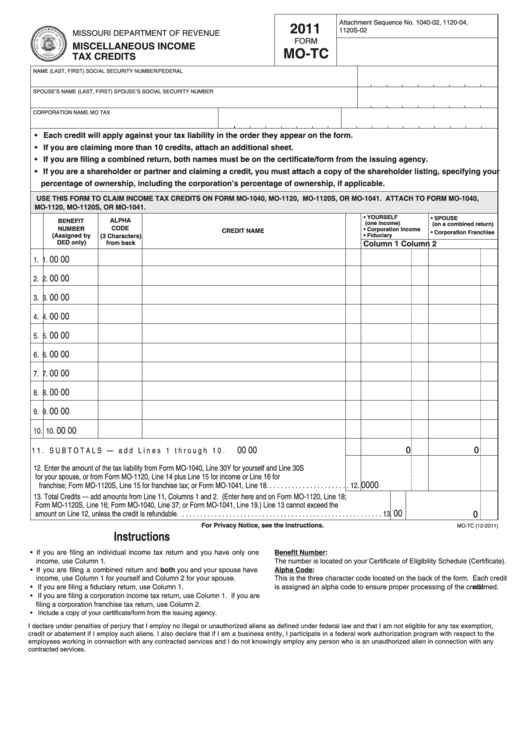 Fillable Form Mo-Tc - Miscellaneous Income Tax Credits - 2011 Printable pdf