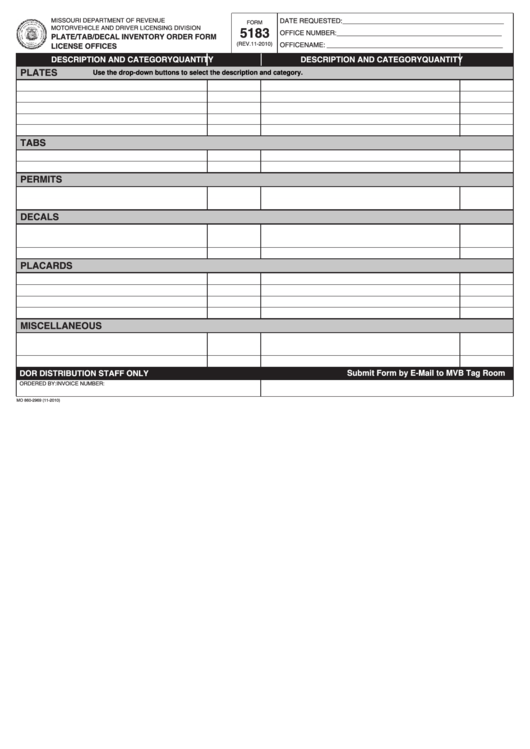 Fillable Form 5183 - Plate/tab/decal Inventory Order Form License Offices Printable pdf