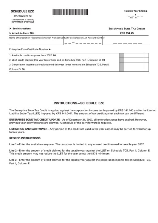 Form 41a720ezc (10-12) - Schedule Ezc - Enterprise Zone Tax Credit Printable pdf
