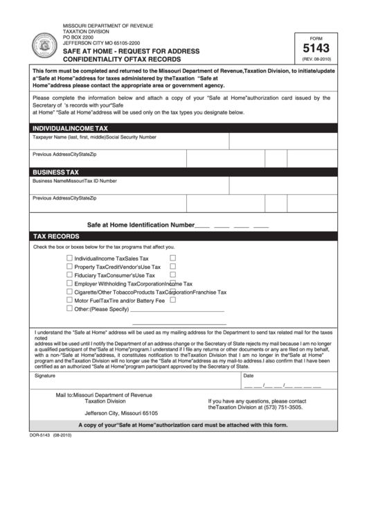 Fillable Form 5143 - Safe At Home-Request For Address Confidentiality Of Tax Records Printable pdf