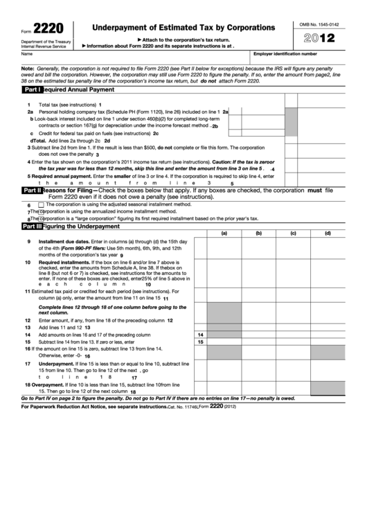 Fillable Form 2220 - Underpayment Of Estimated Tax By Corporations - 2012 Printable pdf