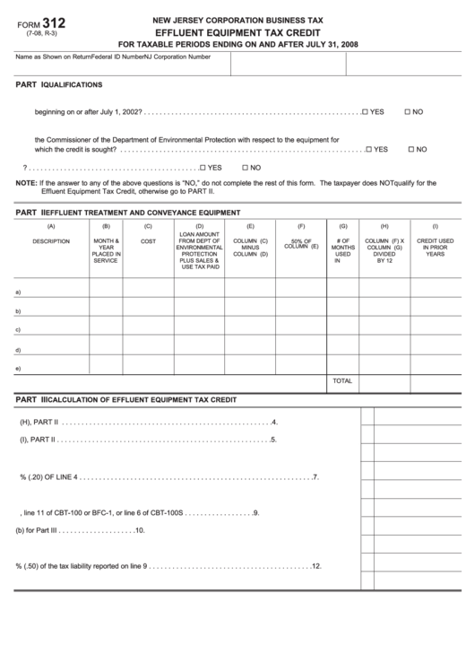 Fillable Form 312 - Effluent Equipment Tax Credit For Taxable Periods Ending On And After July 31, 2008 Printable pdf
