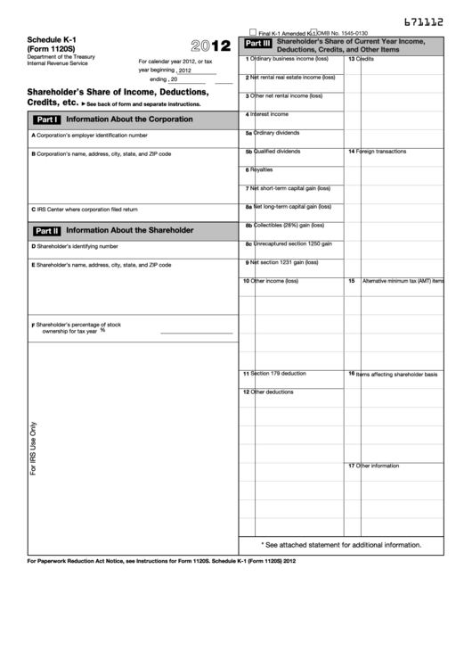 Fillable Schedule K-1 (Form 1120s) - Shareholder’s Share Of Income, Deductions, Credits, Etc. - 2012 Printable pdf