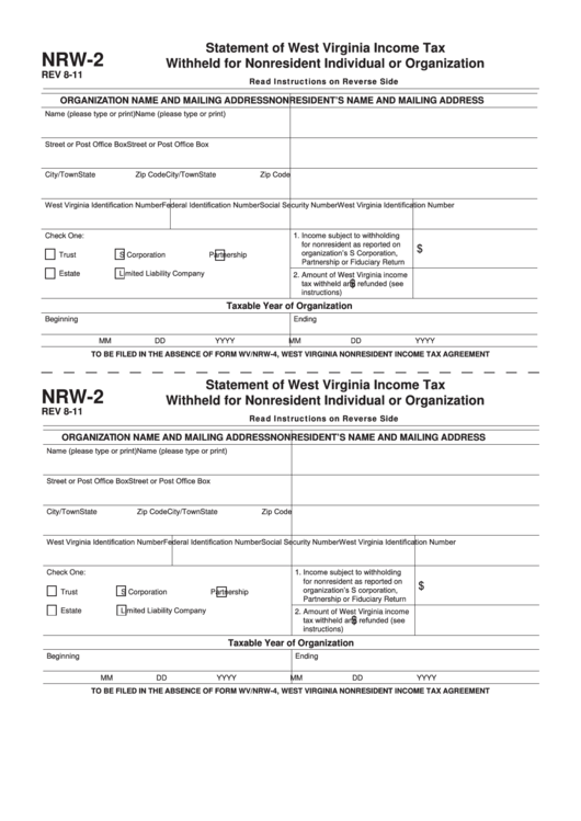 Form Nrw-2 - Statement Of West Virginia Income Tax Withheld For Nonresident Individual Or Organization Printable pdf