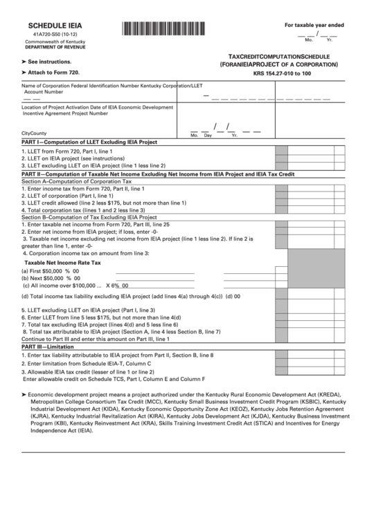 Form 41a720-S50 (10-12) - Tax Credit Computation Schedule Printable pdf