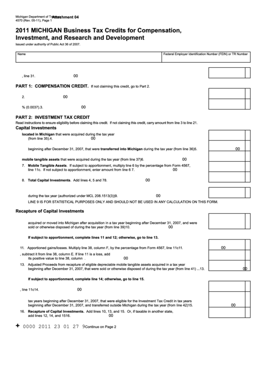 Form 4570 - Michigan Business Tax Credits For Compensation, Investment, And Research And Development - 2011 Printable pdf