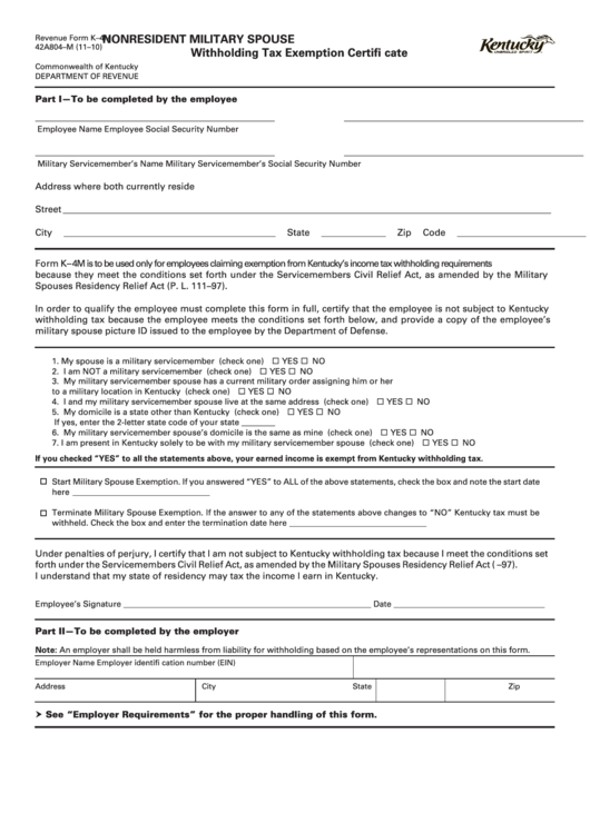 Form K-4m 42a804-M (11-10) - Nonresident Military Spouse Withholding Tax Exemption Certifi Cate Printable pdf