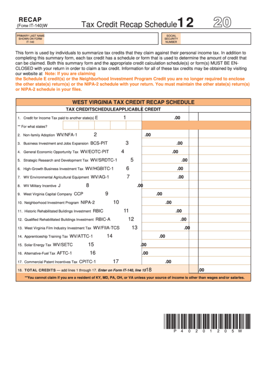 Form It-140 - West Virginia Tax Credit Recap Schedule - 2012 Printable pdf
