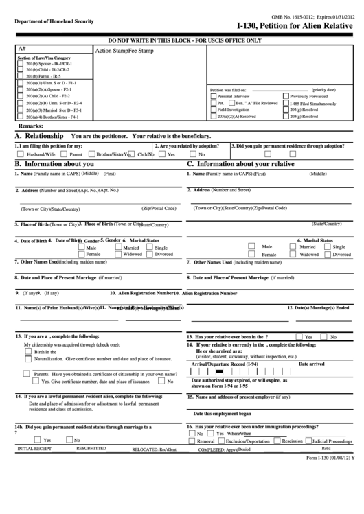 Fillable Form I-130 - Petition For Alien Relative - Department Of Homeland Security Printable pdf