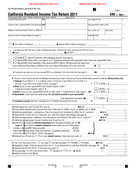 Fillable Form 540 - California Resident Income Tax Return - 2011 Printable pdf