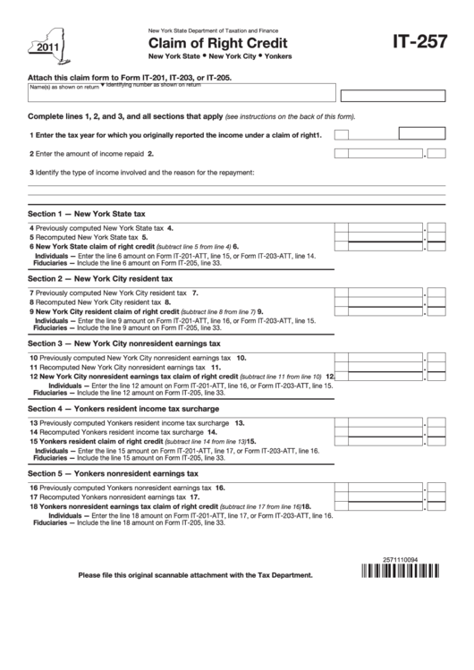 Fillable Form It-257 - Claim Of Right Credit - 2011 Printable pdf