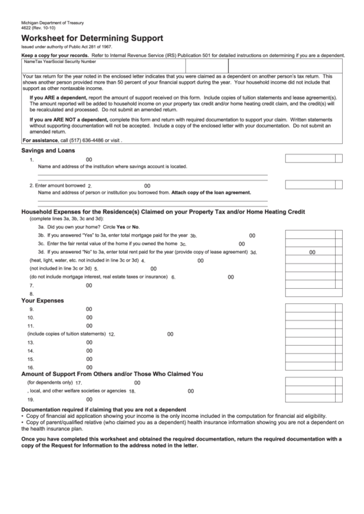 Form 4622 - Worksheet For Determining Support Printable pdf