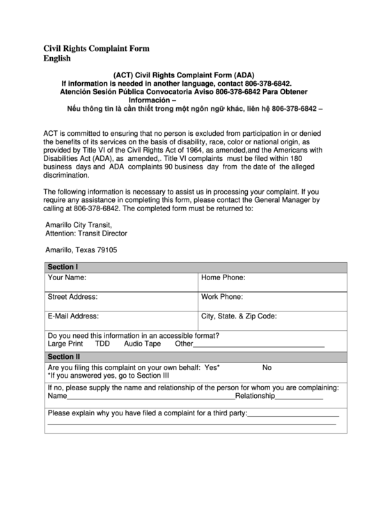 (Act) Civil Rights Complaint Form (Ada) - Amarillo City Transit Printable pdf