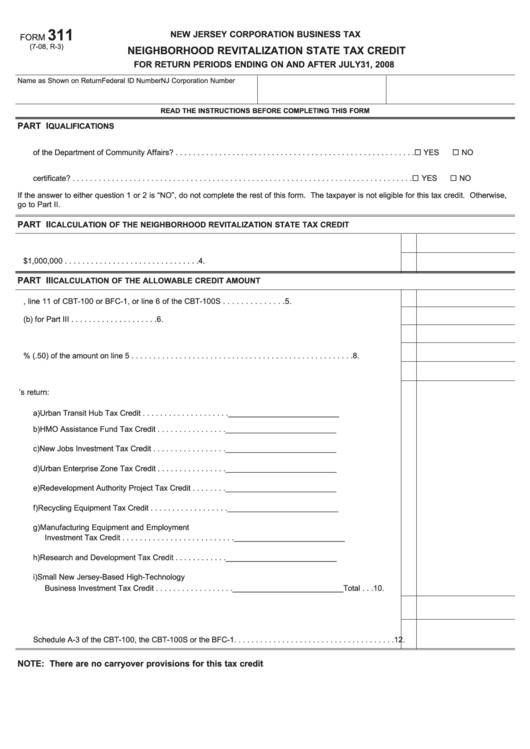 Fillable Form 311 - Neighborhood Revitalization State Tax Credit - 2008 Printable pdf