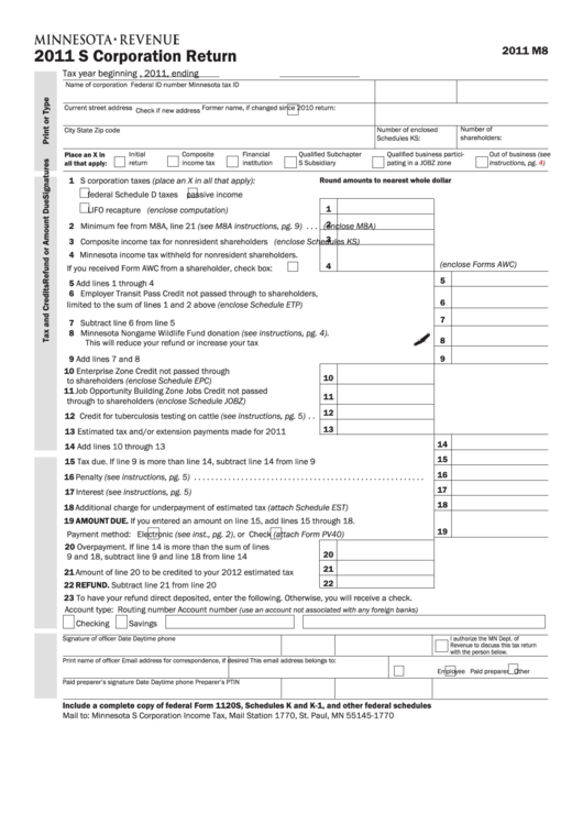 Fillable Form M8 - S Corporation Return - 2011 Printable pdf