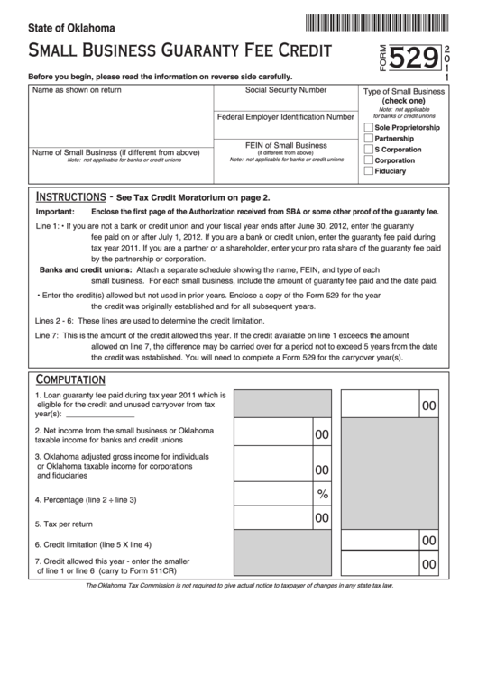 Fillable Form 529 - Small Business Guaranty Fee Credit - 2011 Printable pdf