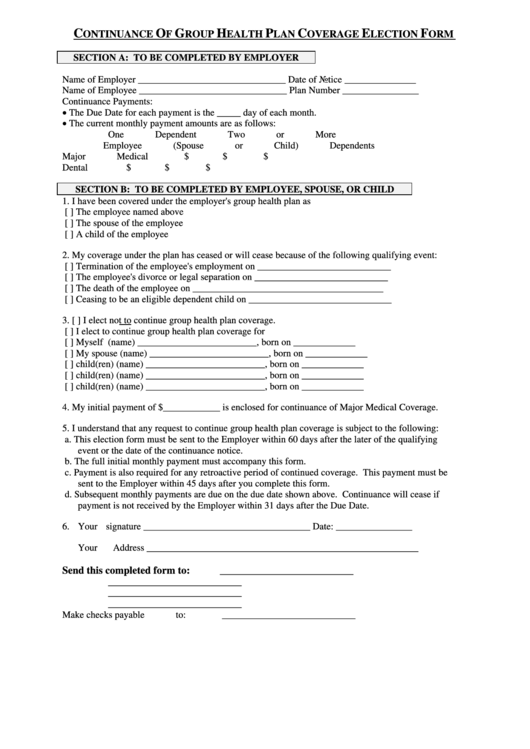 Continuance Of Group Health Plan Coverage Election Form Printable pdf