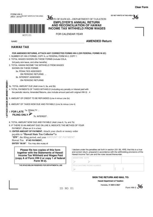 Form Hw-3 - Employer's Annual Return And Reconciliation Of Hawaii Income Tax Withheld From Wages