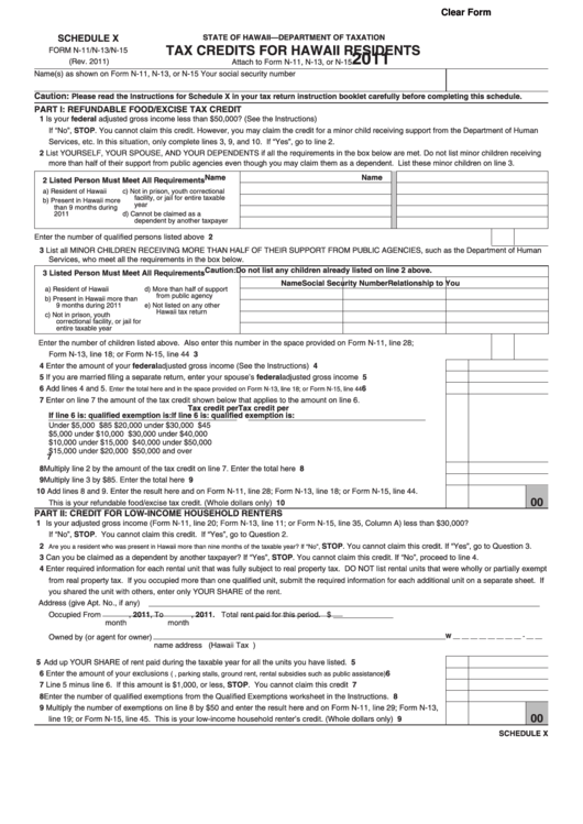 Fillable Schedule X (Form N-11/n-13/n-15) - Tax Credits For Hawaii Residents - 2011 Printable pdf
