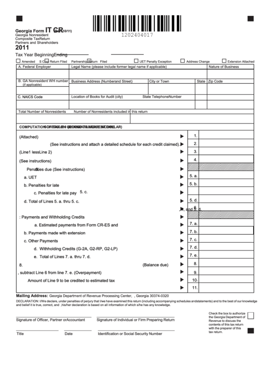 Fillable Form It Cr - Georgia Nonresident Composite Tax Return Partners And Shareholders - 2011 Printable pdf